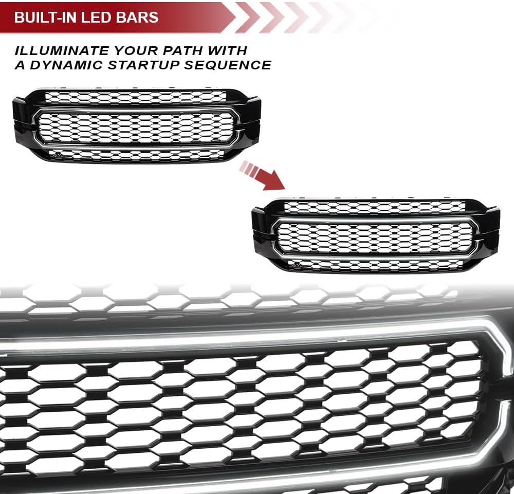 Armordillo HEX Style Honeycomb Mesh LED Front Grille|Compatible With 2021-2023 Ford F150 F-150|8735039|ABS Plastic|Gloss Black|Front Hood Bumper Grille With LED Light Bar
