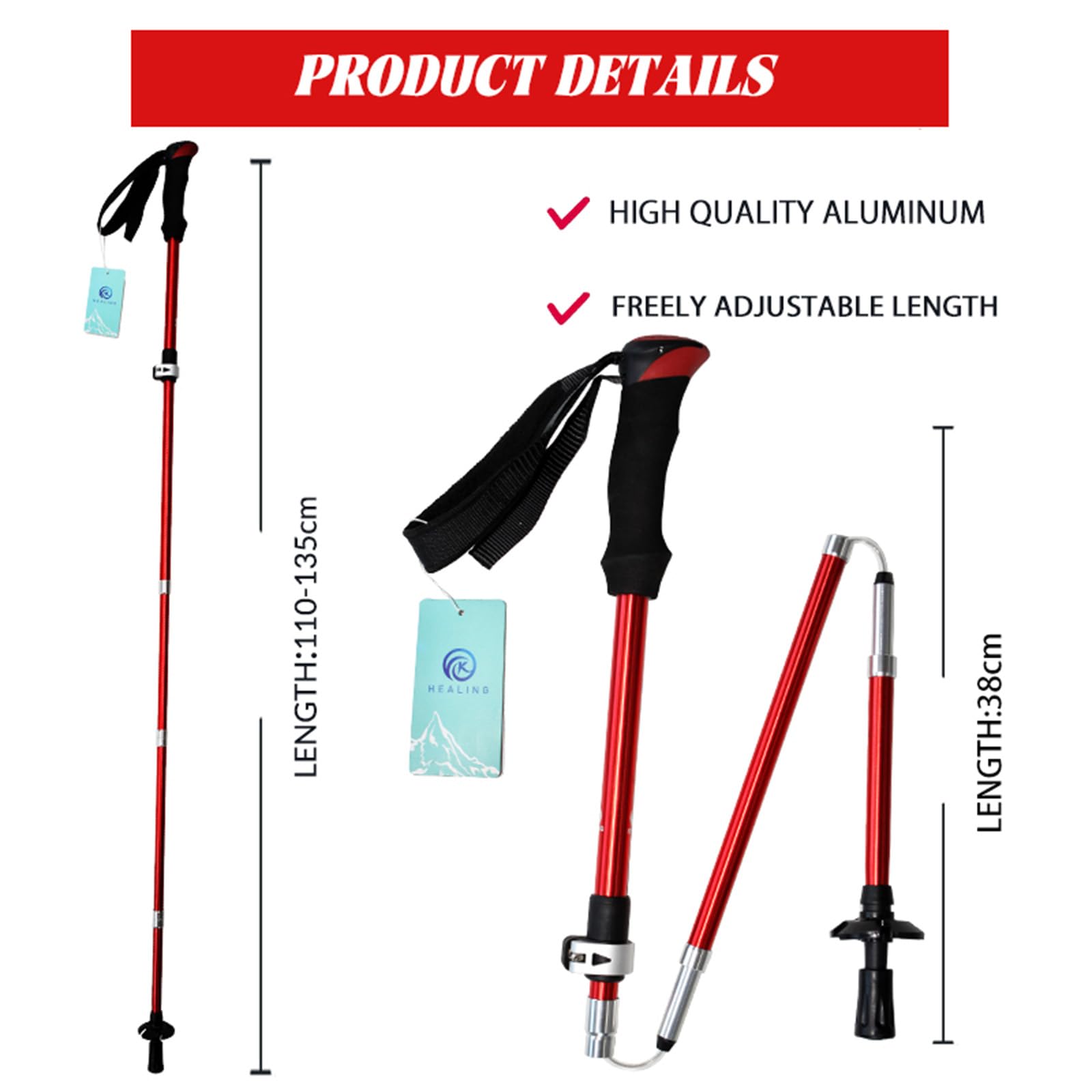 OKHEALING Bastones de senderismo (2 ps), telescópicos, plegables, de aleación de aluminio, ligeros y duraderos, adecuados para senderismo, senderismo y escalada (110-135 cm)