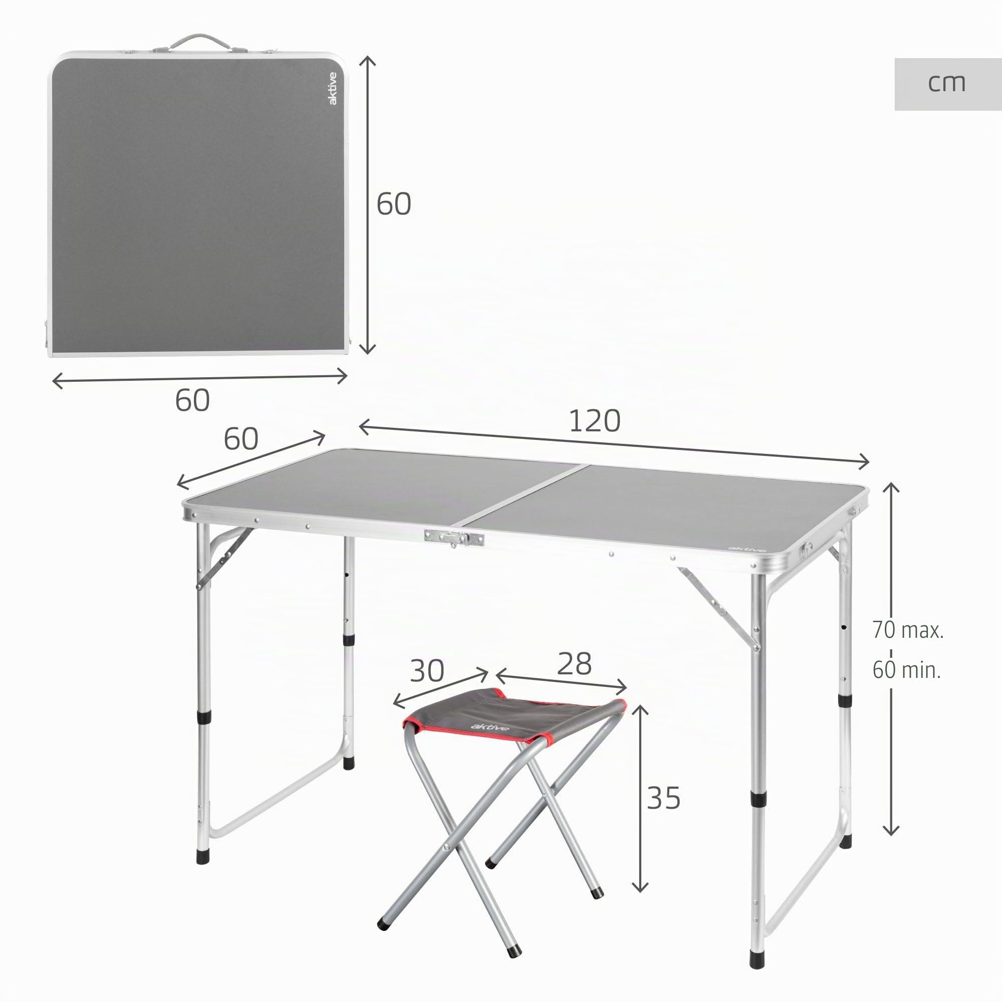 AKTIVE 63161 Table Pliante en Aluminium avec 4 tabourets en Acier, Hauteur réglable 60-70 cm, Surface 120 x 60 cm, Finition Grise, Design Portable avec poignée pour Camping, Plage et Jardin