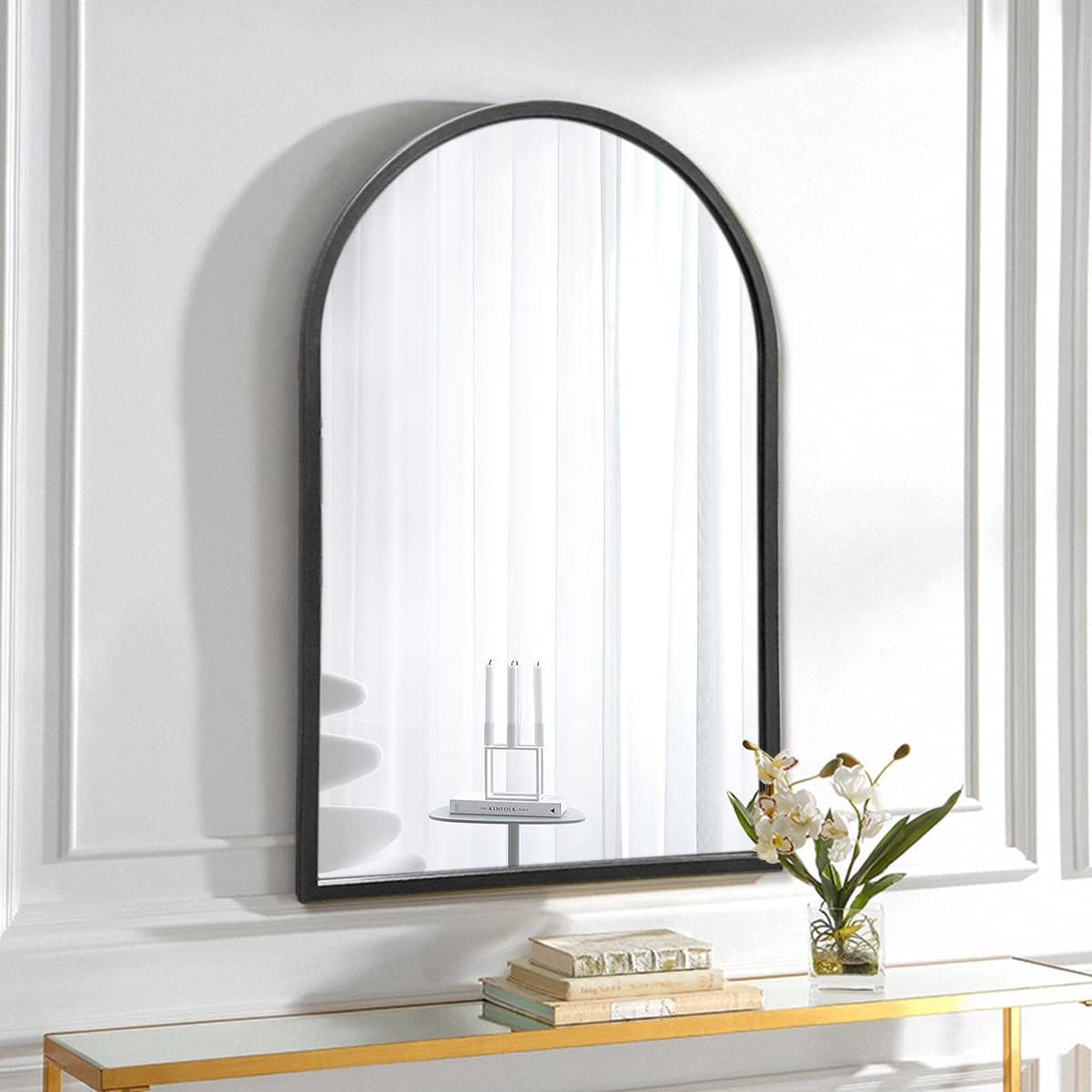 Wall Mounted Mirror, 38x24 Inch Black Bathroom Mirror, Arched Window Mirrors for Wall, Arched Top Mirror with Metal Frame, Vanity Mirror for Living Room or Bedroom