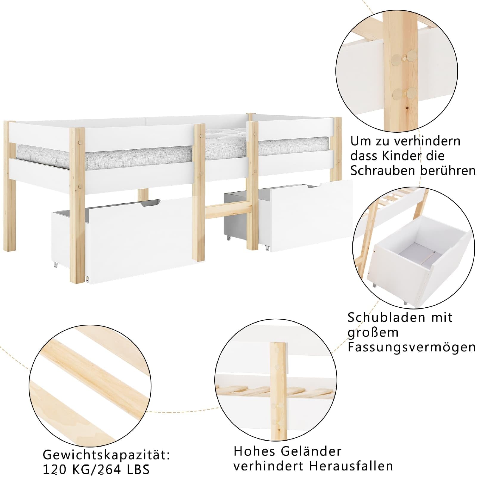 PUGSDRLY Lit d'enfant 90x190cm,Lit mi Hauteur avec Clôture de Sécurité et 2 Grands Tiroirs de Rangement,Cadre de Lit avec Sommier à Lattes en Bois,Lit Mezzanine Enfant(sans Matelas) (90x190-B)