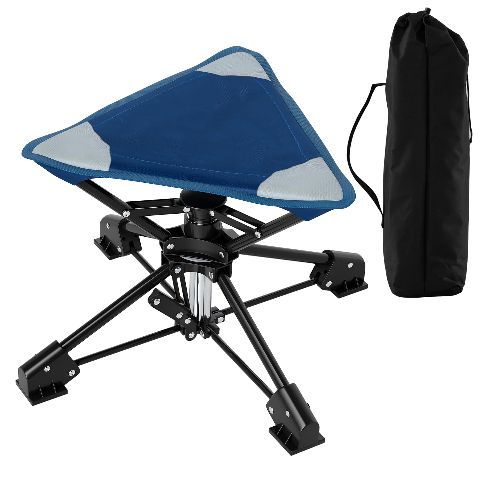TANGZON Folding Camping Stool, 360° Swivel Portable Tripod Seat with Anti-Sink Feet & Carrying Bag, Outdoor Lightweight Hunting Chair for Fishing, Hunting, Picnic (1, Blue+Black)