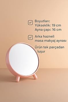 Masa Üstü Pembe Yuvarlak Plastik Arka Hazneli Masa Makyaj Aynası cin719pm