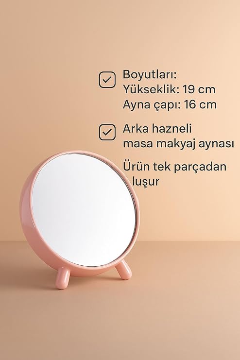 Masa Üstü Pembe Yuvarlak Plastik Arka Hazneli Masa Makyaj Aynası cin719pm