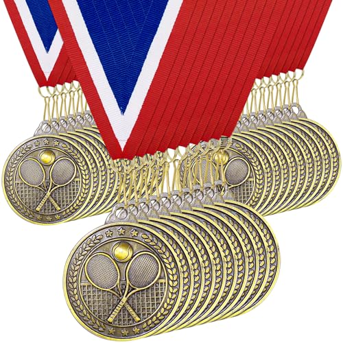 30 Pack 2-Inch Tennis Medals Bulk, Gold Award Medals with Neck Ribbons