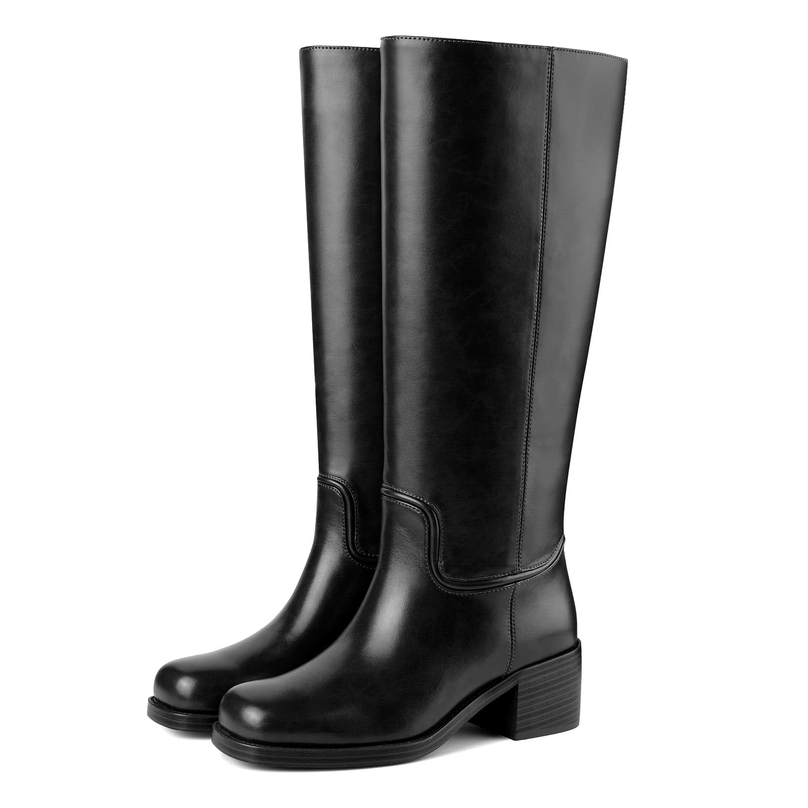 Womens Banana Knee High Boots Square Toe Chunky Block Heel Tall Pull on Fashion Comfortable Mid-Calf Long Boots