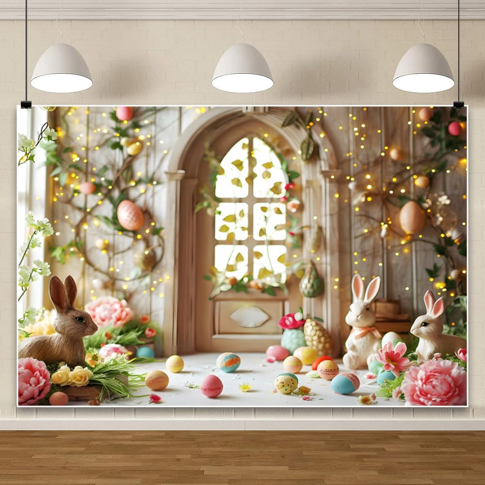 Easter Backdrop 10x8ft Spring Glitter Wooden House Bunny Floral Easter Photography Backdrops Outdoor Party Decorations Baby Shower Birthday Photo Background Photo Studio Props
