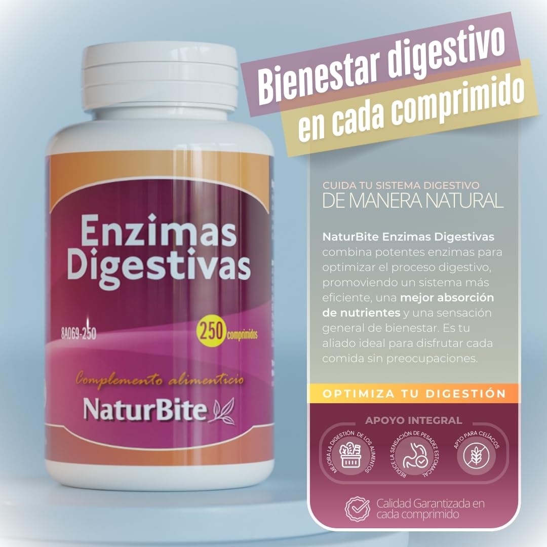 Naturbite Enzimas Digestivas, 250 comprimidos, Naturbite. Mejora del proceso digestivo facilitando la descomposición y absorción de los nutrientes de los alimentos