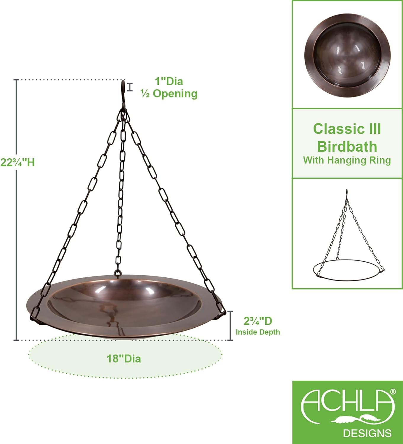 18" Classic Copper Hanging Birdbath