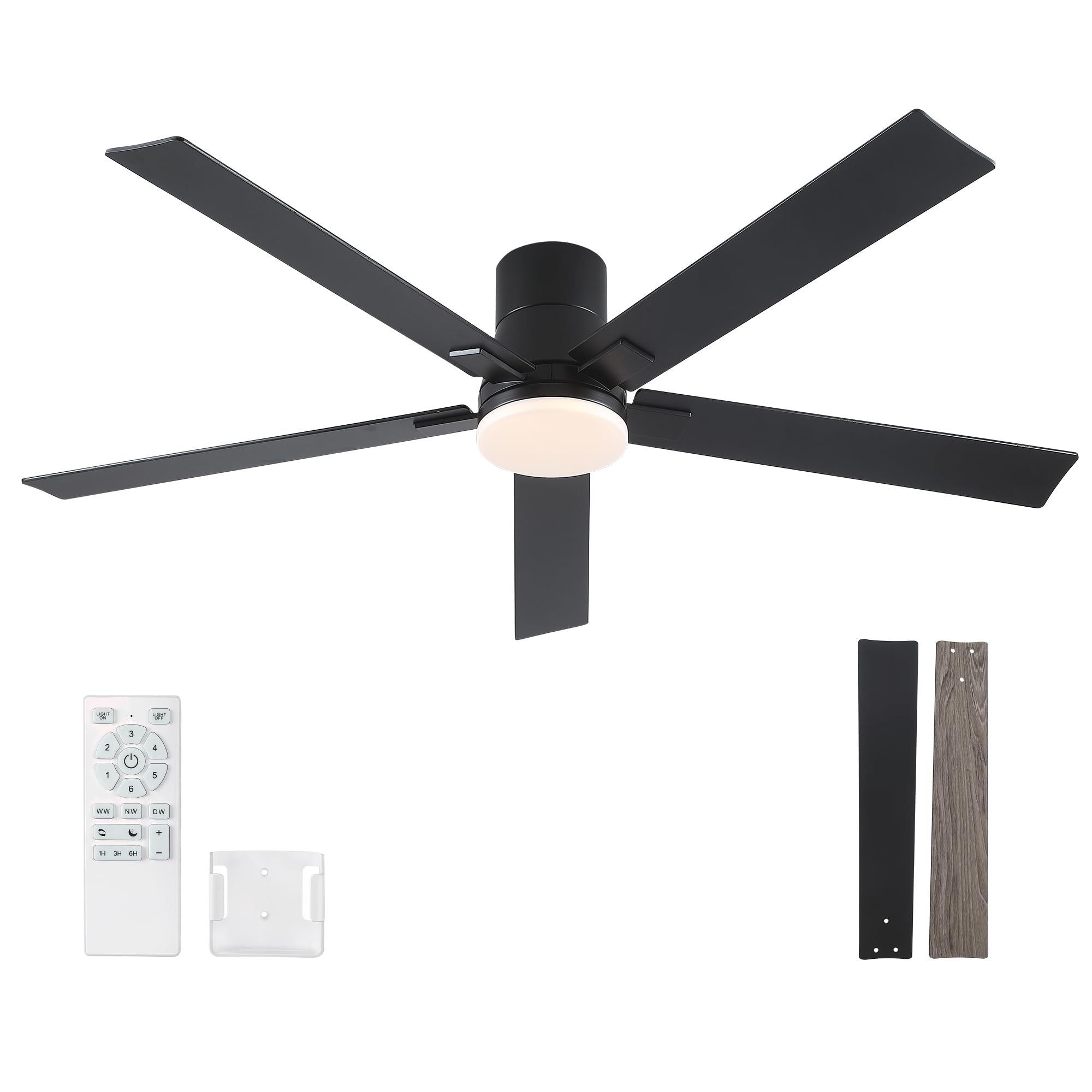 60 Inch Ceiling Fans with Lights and Remote,Flush Mount Black Ceiling Fan with 5 Dual Sided Blades,6 Speed Reversible DC Motor,3CCT Dimmable LED-Low Profile Design for Indoor or Covered Patio
