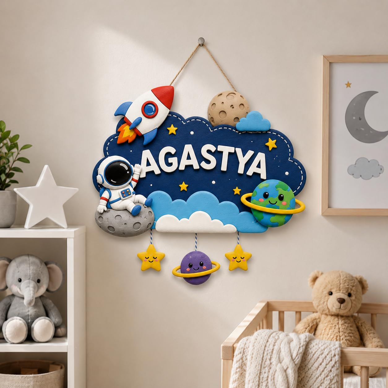 Customised Space Theme Nursery Name Plate for Kids Room Decor | Personalized Astronaut & Rocket Wall Hanging | Baby Boy Nursery Decor - 18 x 10 Inches-image-32