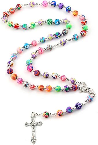YEYULIN Rosario de cuentas de arcilla polimérica collar largo de aleación con cruz de aleación joyería católica cristiana rosario solo para mujer
