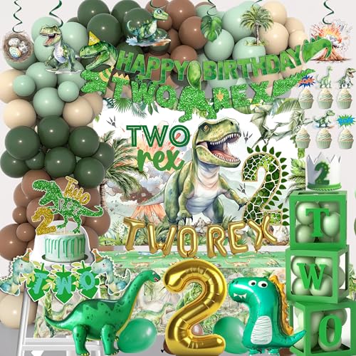 Two Rex Birthday Decorations Boy Dinosaur 2nd Birthday Party Decorations Boys 2 Rex Dinosaur Dino Party Decor Supplies - Backdrop Banner Tablecloth swirls balloon box