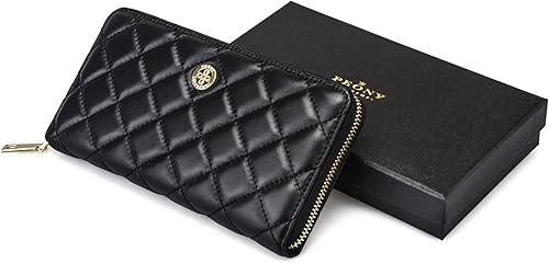 Miniatura 6 de Cartera de cuero acolchada de lujo con cremallera larga de cuero negro con cremallera para tarjetas de crédito, cartera con cremallera alrededor de