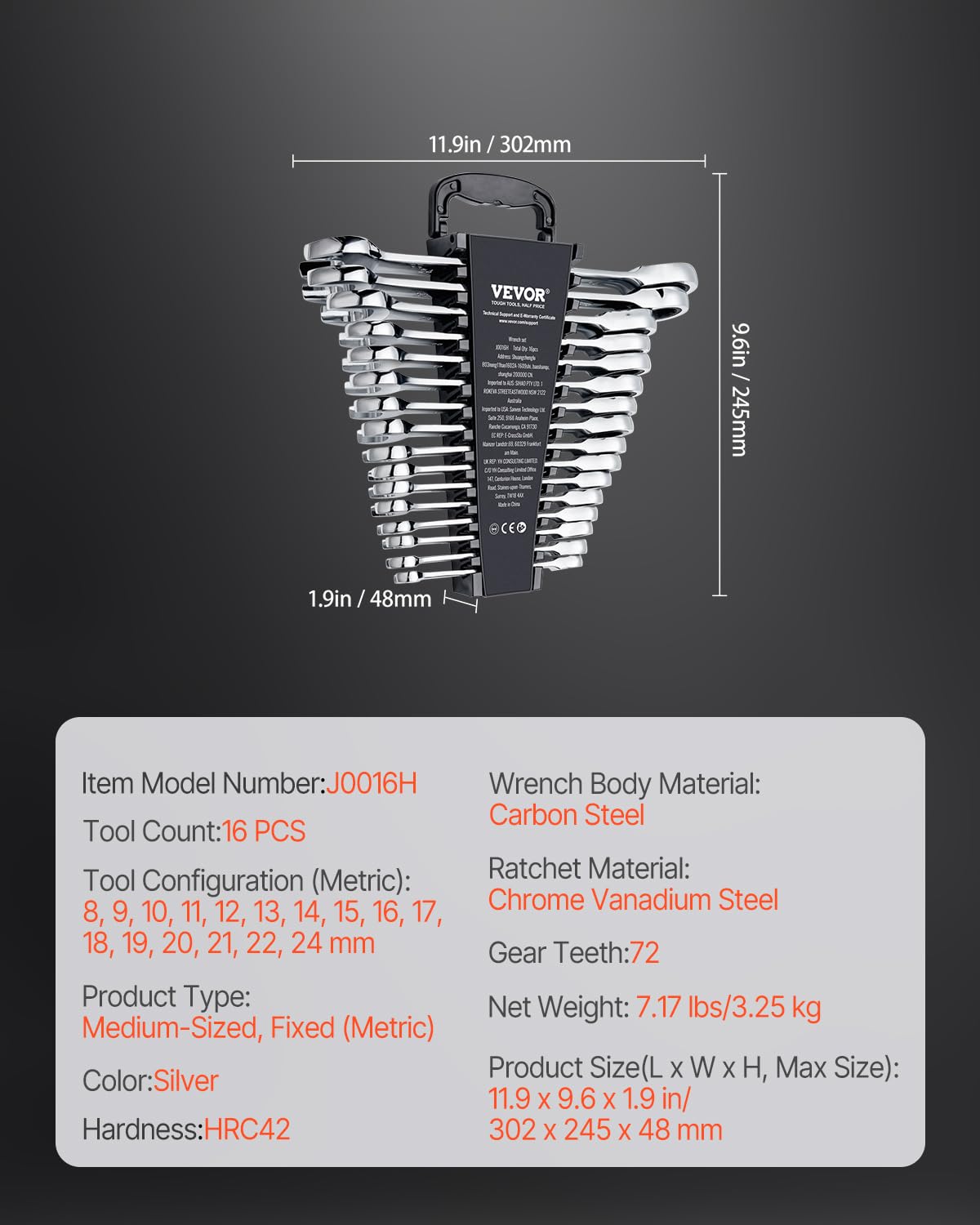 VEVOR Set di Chiavi Combinate da 16 Pezzi, Set di Chiavi a Cricchetto con Organizzatore per Rack, Set di Chiavi in ​​Acciaio Cr-V Metrico da 8 mm a 24 mm, per Casa, Garage, Officina, Riparazioni Auto