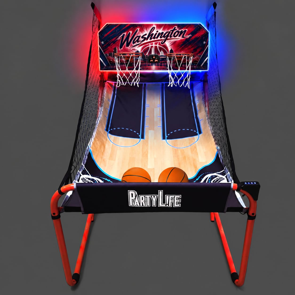PartyLife 2-Player Basketball Arcade Game w/LED Lights | Electronic Scoring | 5 Balls, 1 Pump, 8 Games | Folding Design | Heavy-Duty Steel Frame