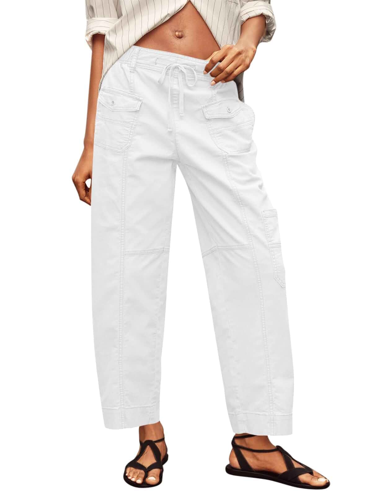 Fisoew Womens 100% Cotton Cargo Pants Drawstring Elastic Waist Casual Hiking Work Pants with Multiple Pockets Cargo · Regular