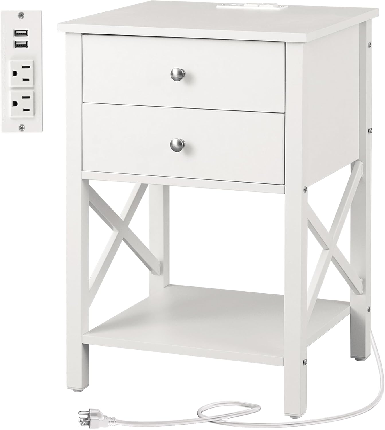 Clikuutory Modern Nightstand with Charging Station and USB Ports, End Table with 2 Drawers, Bedside Table with Open Storage Shelf and Steel Frame for Bedroom, White White 15.7"D x 17.7"W x 26"H