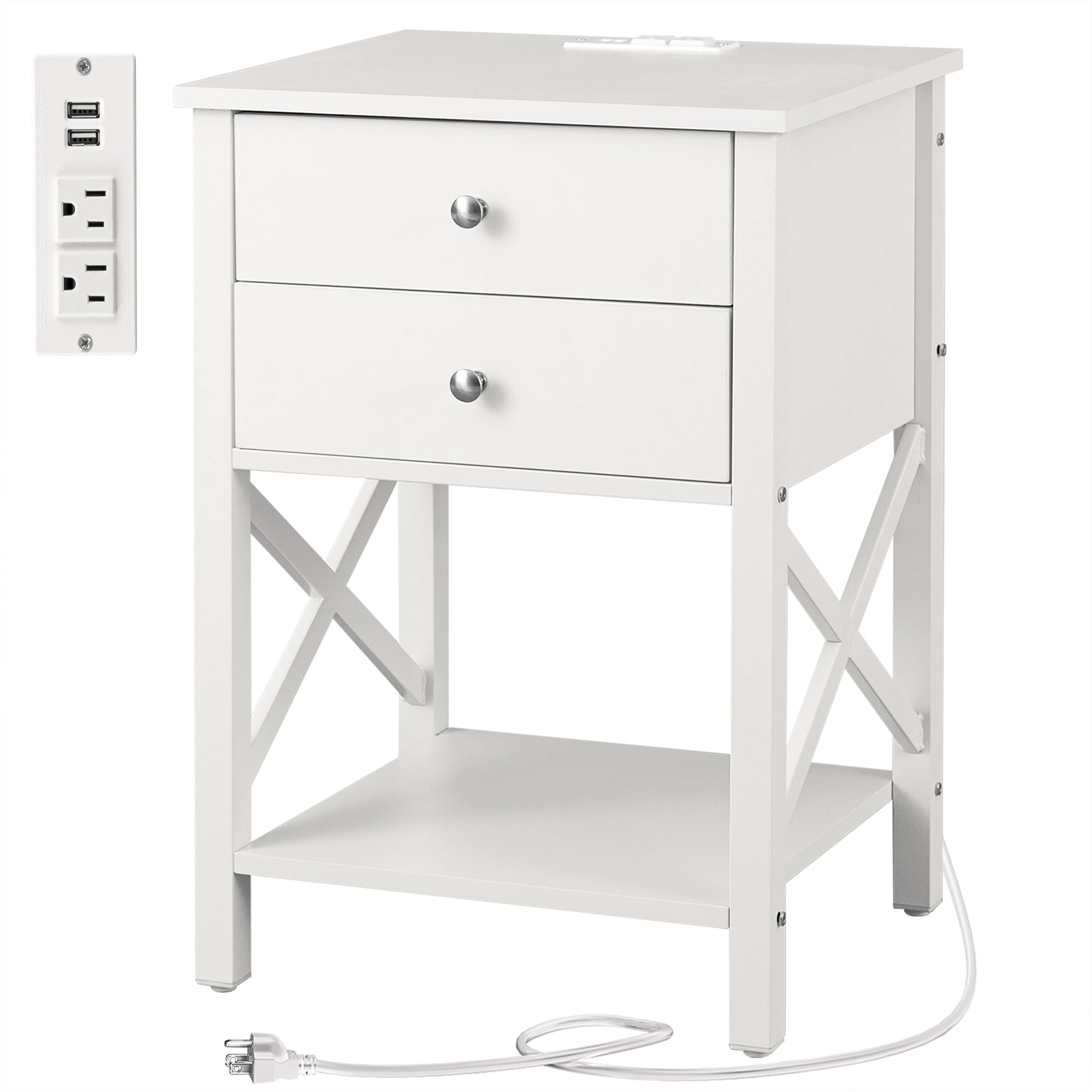 Clikuutory Modern Nightstand with Charging Station and USB Ports, End Table with 2 Drawers, Bedside Table with Open Storage Shelf and Steel Frame for Bedroom, Living Room, White