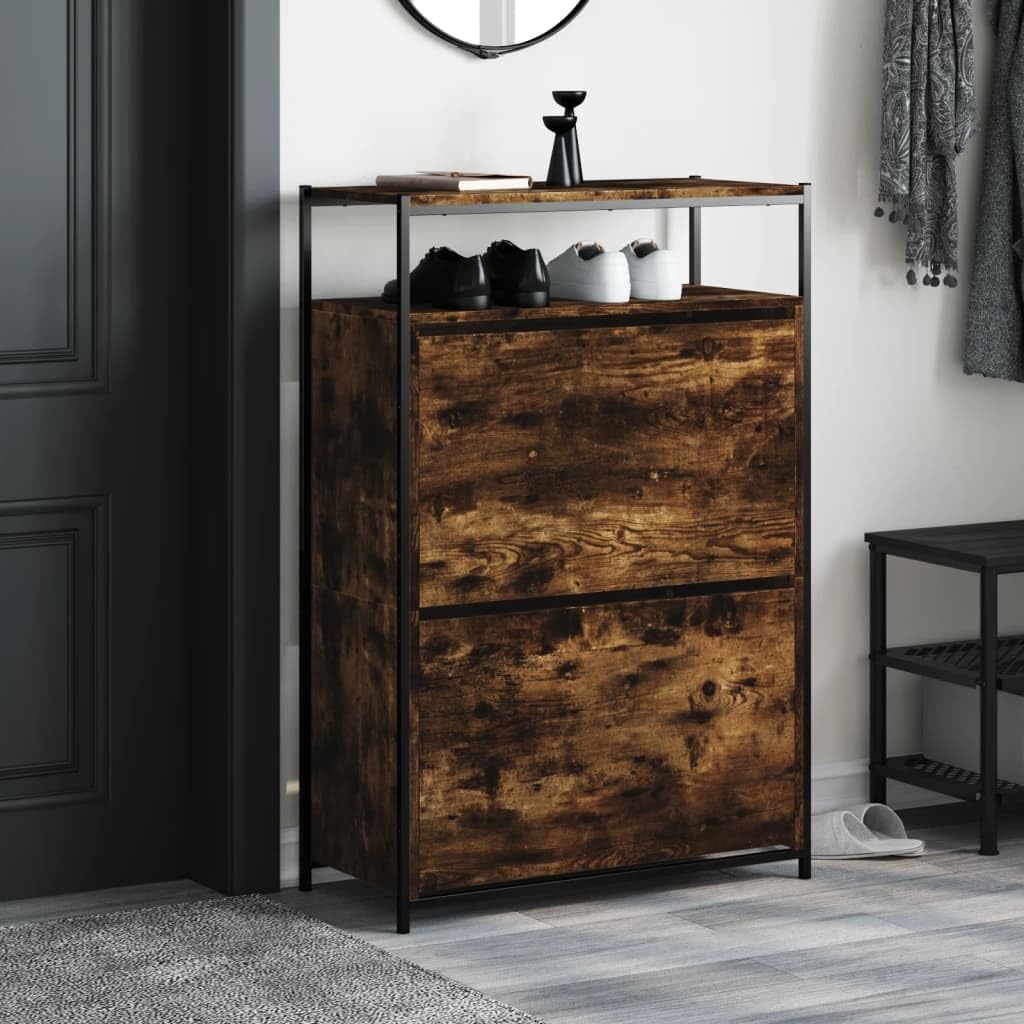 Szafka na buty, dąb wędzony, materiał drewnopochodny, 75 x 34 x 112 cm, wąska, nie zajmuje dużo miejsca, z 2 klapkami i 1 półką do przedpokoju, przedpokoju i wejścia, praktyczne