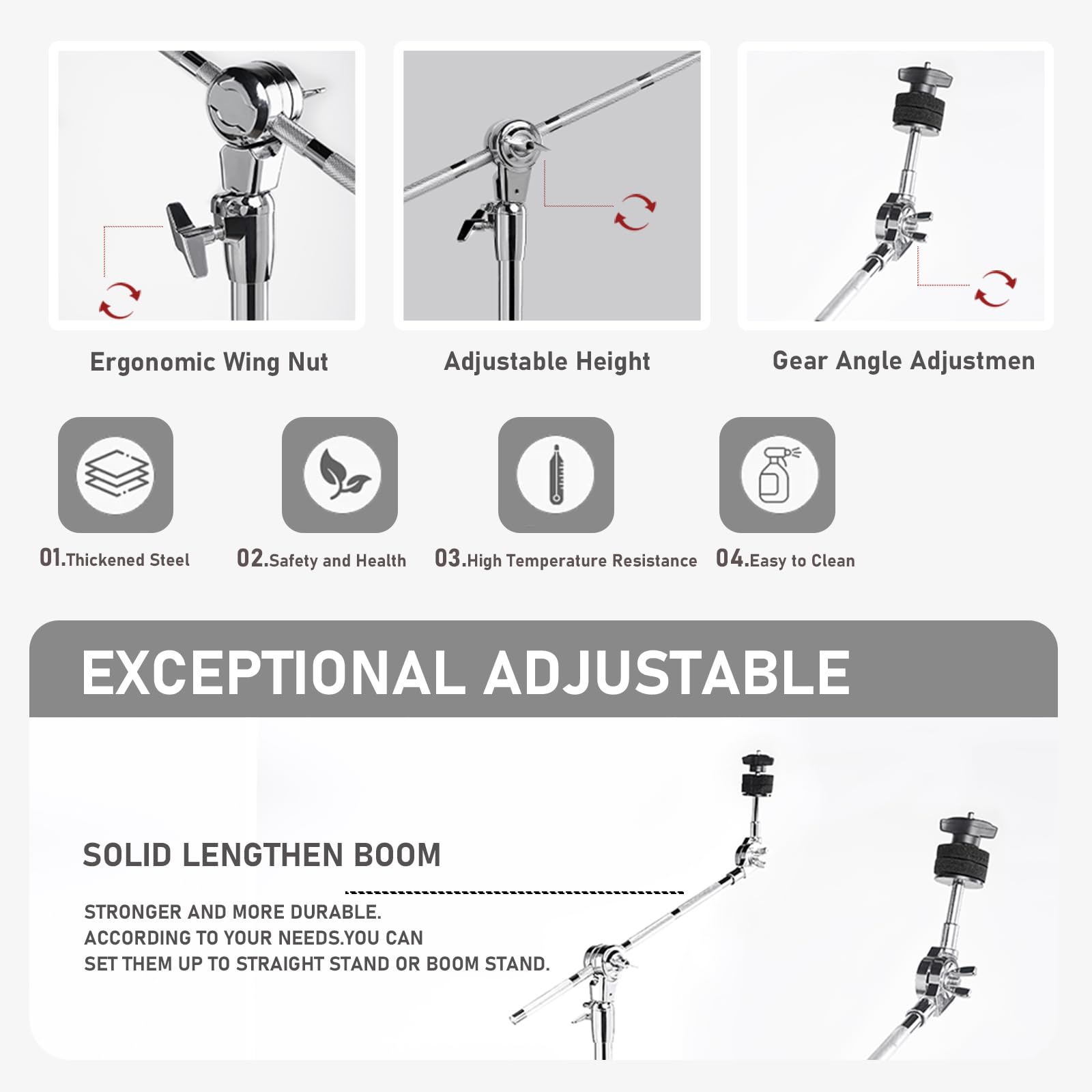 Vaisoeny Cymbal Stand,Double Braced Cymbal Stands,Adjustable Height 29.5" to 59",Cymbal Boom Stand for Mounting Crash Ride and Splash Cymbals (V-XDJ003) - Image 3