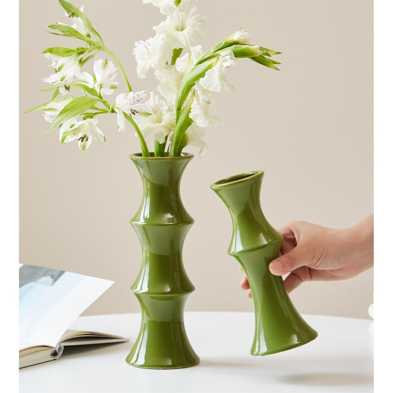 Wazon Wazon ceramiczny w stylu retro z motywem kwiatowym do rustykalnych i współczesnych wnętrz Wazon na kwiaty(Green,Średni)