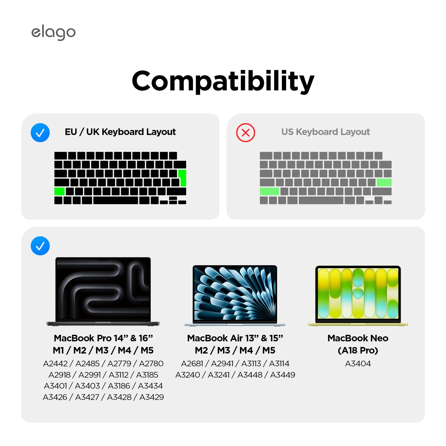 elago Funda de Teclado de TPU Ultrafina Premium Compatible con MacBook Pro (M5/M3/M2/M1) 14"&16", MacBook Air (M5/M2) 13"&15", MacBook Neo (A18 Pro) 13” con Touch ID (Diseño UK/EU)