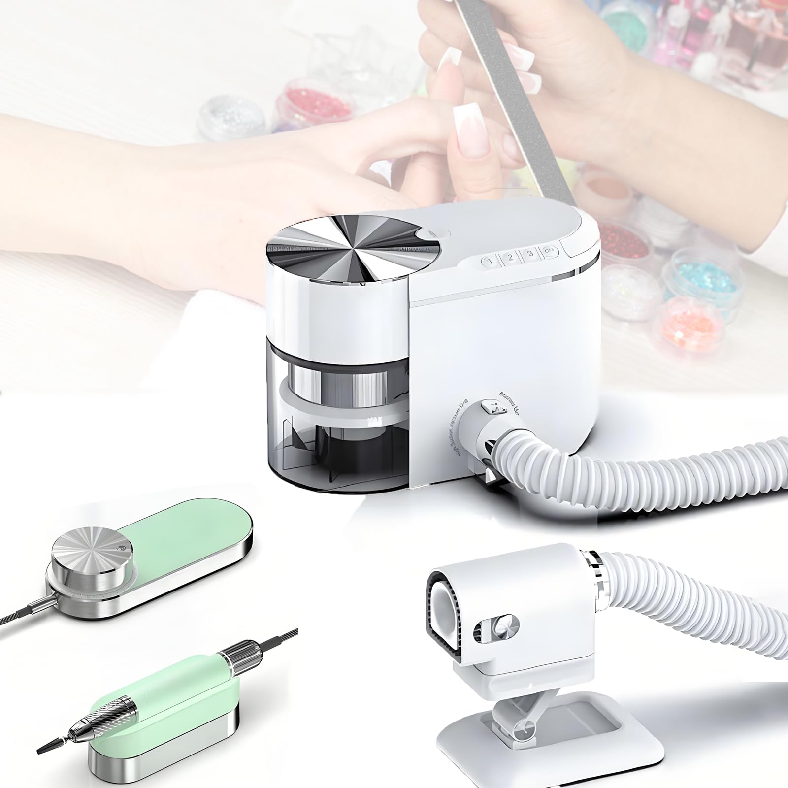 Kit Trapano Elettrico per Unghie e aspirapolvere, aspiratore per Polvere per Unghie, Batteria da 1600 mAh, velocità Regolabile da 1000 a 30000 Giri/min, Rotazione bidirezionale, b