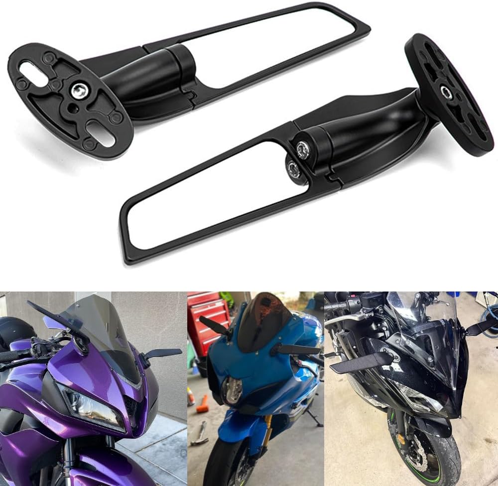 Kucehiup Racing Motorcycle Mirrors, Double Rotating Wing Rearview Mirror Fairing Side Black Compatible with Nin-ja 250 300 400 H2 H4 400 650 ZX10R ZX6R ZX 636