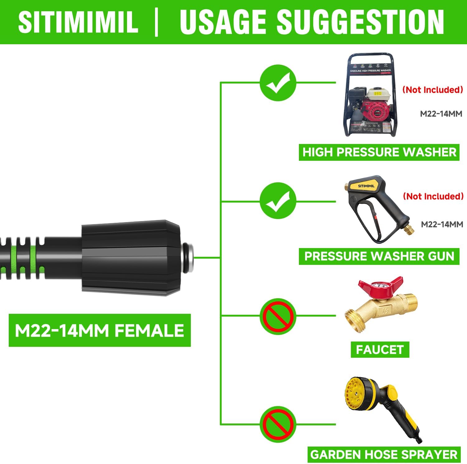 SITIMIMIL® Pressure Washer Hose 50 FT 1/4" 3100 PSI, Kink Resistant & Super Flexible Replacement Hose for Gas & Electric Power Washers, Compatible with M22 14mm, No-Leak Design