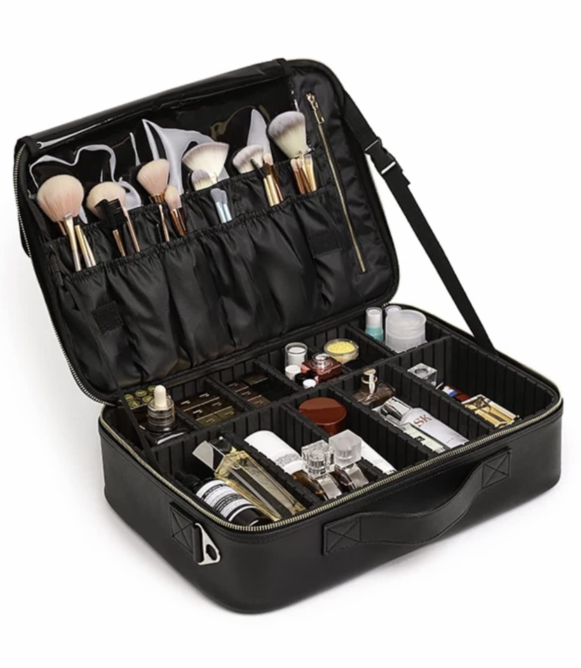 Adson Professional Large Makeup Case Cosmetic Train Case Makeup Bag Organizer Professional Waterproof Travel Cosmetic Case Box with Removable Dividers Shoulder Strap (Black)-image-11