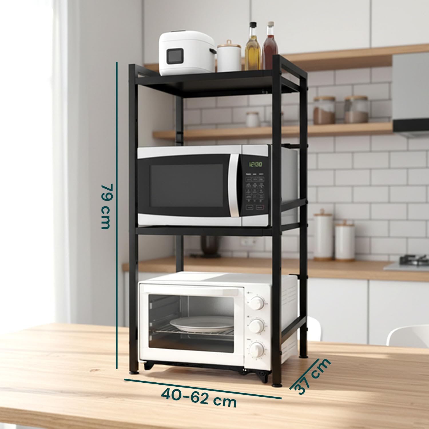 Avilia – Scaffale a 3 Ripiani, 25kg Espandibili e Regolabili, Cucina Microonde, Organizer Spezie Utensili Elettrodomestici, 6 Ganci Laterali Salvaspazio Dispensa Lavanderia Acciaio