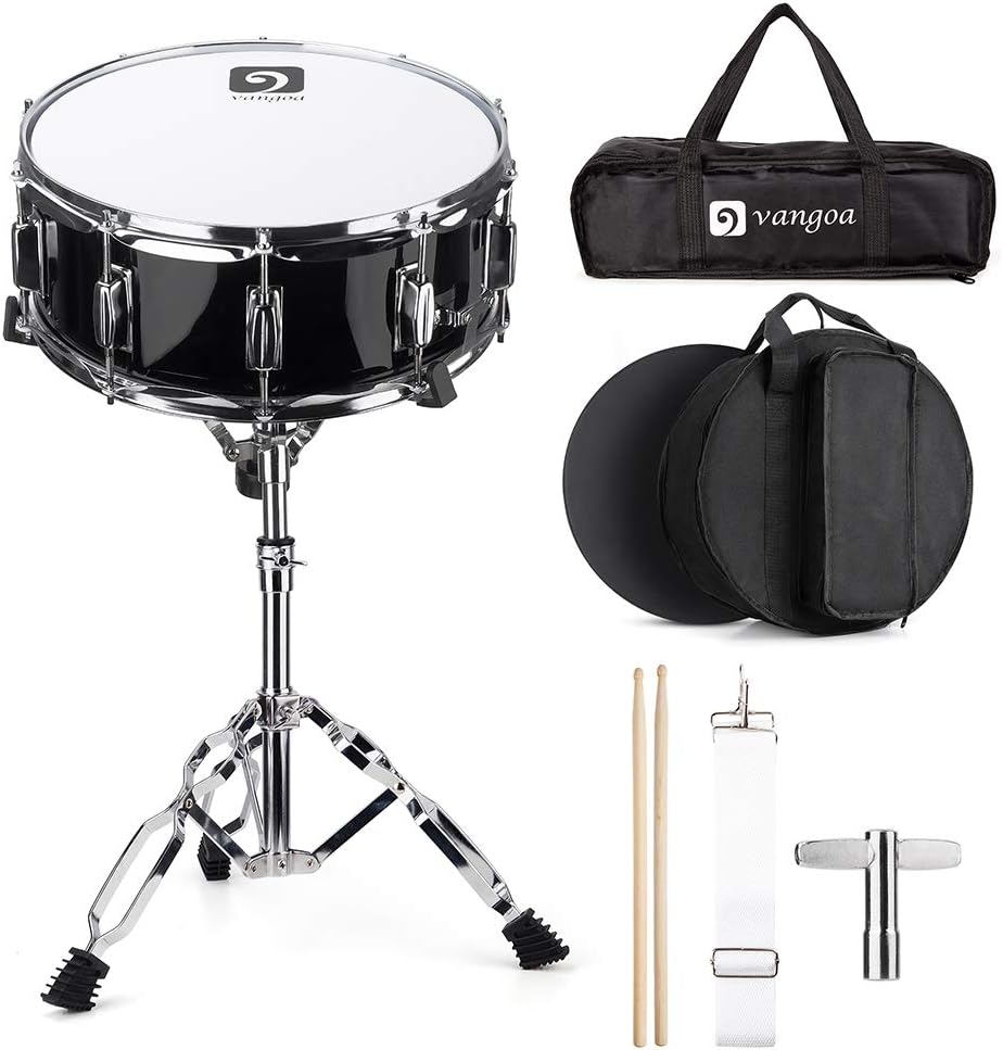 Vangoa Snare Drum Set for Kids Students Beginners Kit, 14 Inch, 10 Lugs, Wooden Shell with Case, Gig Bag, Practice Pad, Drum Stand, Sticks, Tuning Key, Strap, Mute Pad, Black