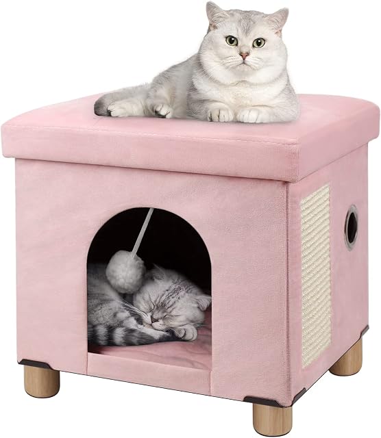 BRIAN & DANY Cat Cave for Indoor Cats, Multifunctional Cat Cube House with Scratch Board & Ball, Foldable Cat Bed, 37.5 x 32.5 x 36 cm, Pink