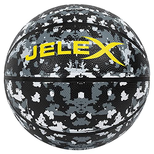 JELEX Sniper Basketball mit gedämpftem Gummi-Kern, hochwertiger Butylblase, Kieselstruktur-Optik für besseren Griff, im 8-Panel-Design. 600 g, Umfang: 80 cm, Indoor- Outdoor (Camo Grau) Cover