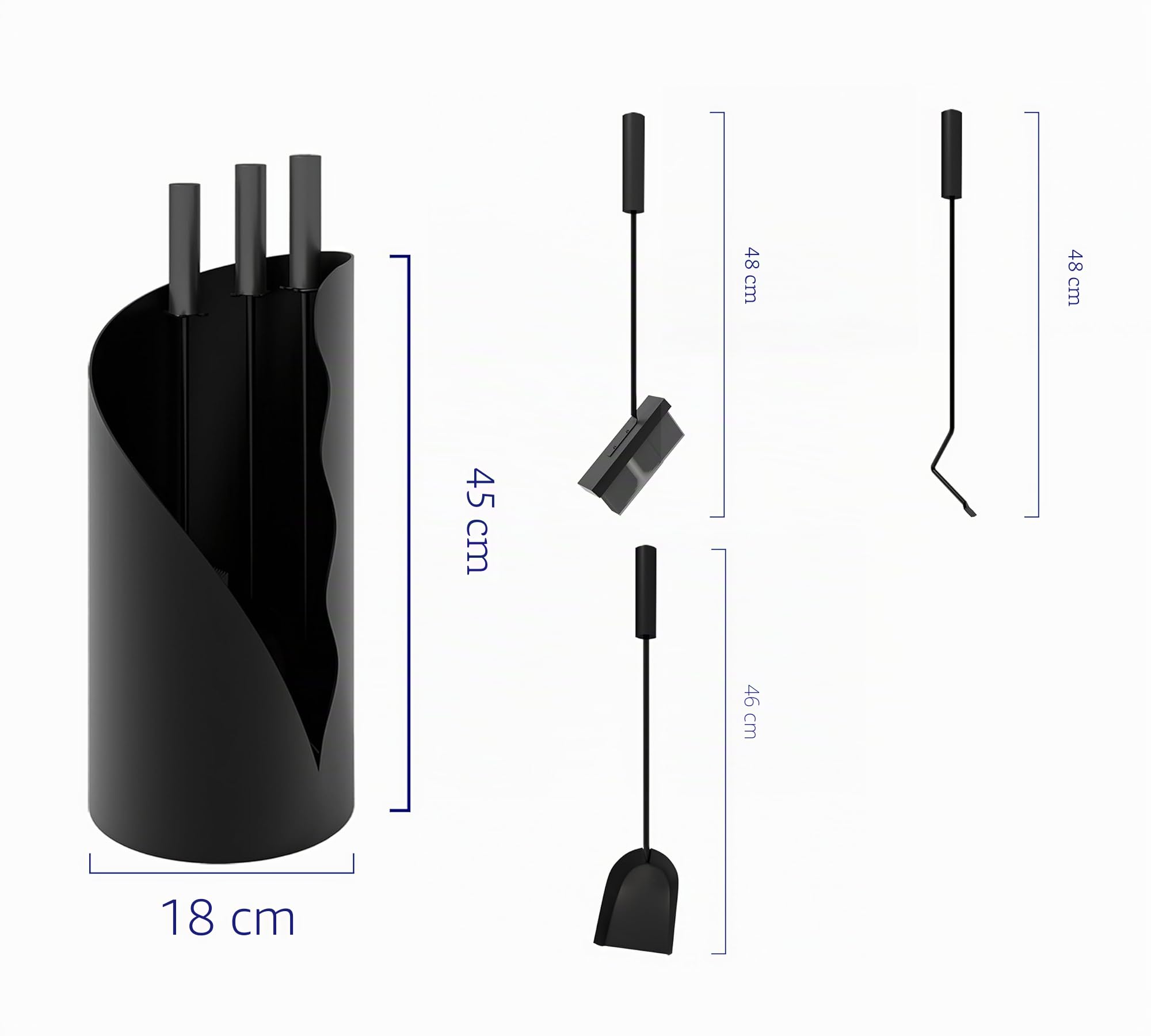 Kingson Juego Moderno de Accesorios para Chimenea con Soporte - 3 Herramientas, Altura de 52,5 cm, Base Cilíndrica de 18 cm, Mangos de Acero Inoxidable Negro - Accesorios para Chimenea, Estufa de Leña