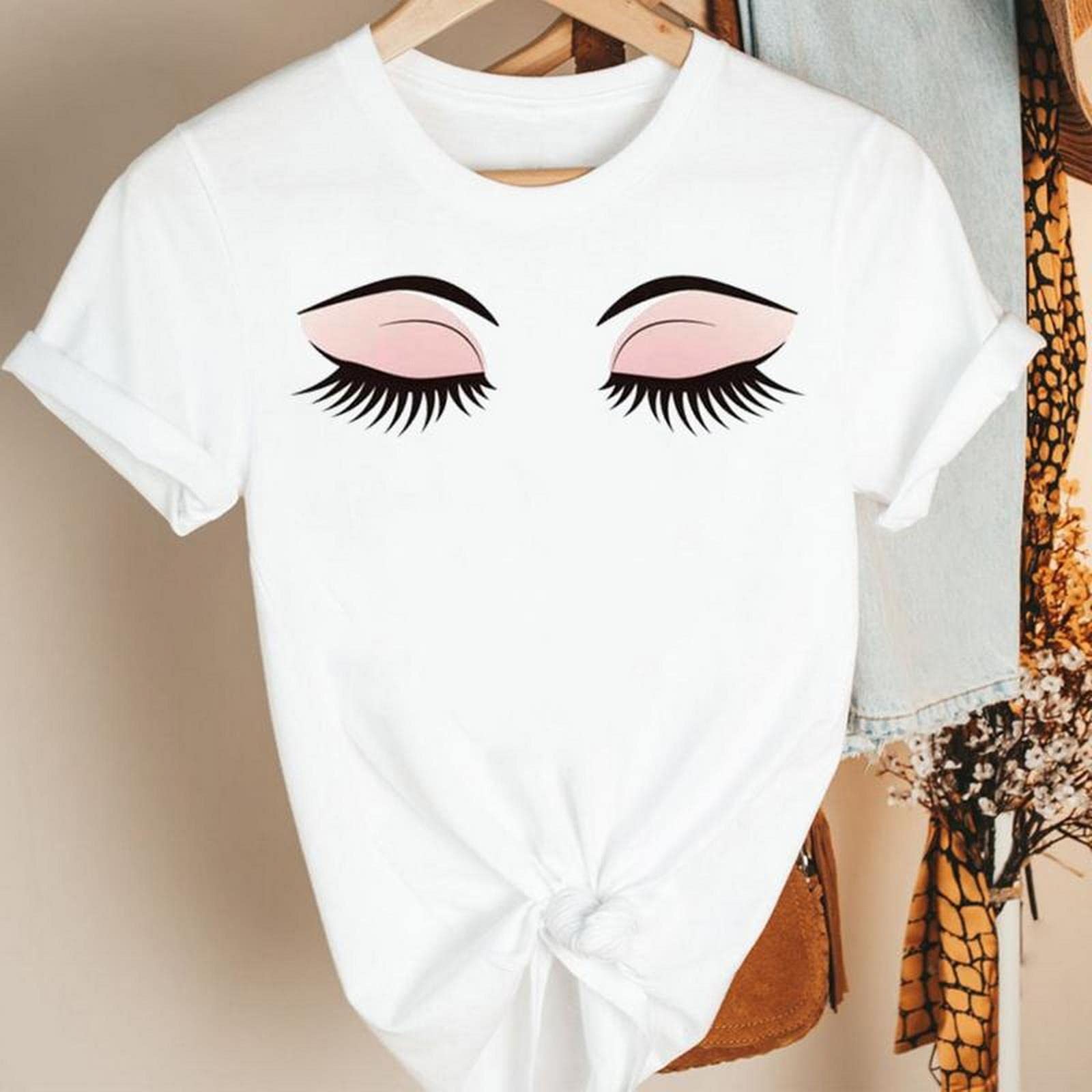 MOGSA T-shirt d'été à manches courtes pour femmes - Joli œil de cils - Dessin animé - 20, M