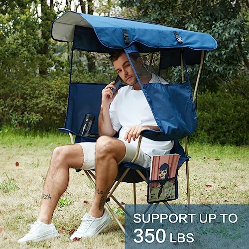 Huskfirm Camping Chair with Canopy Shade - Folding Beach Chair with UPF 50+ Sun Shade, Cup Holder, Side Pocket, Portable Sports Chair for Adults Support 330 LBS, Fishing Camp Outdoor Lawn Chair - Blue - Image 7