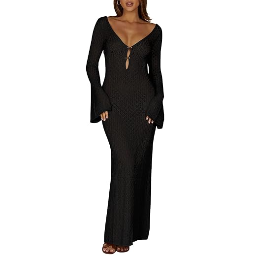 Saodimallsu Womens Crochet Maxi Cover Up Dress Beach Swim Vacation Coverups Long Sleeve Sexy Bodycon Summer Knit Dresses