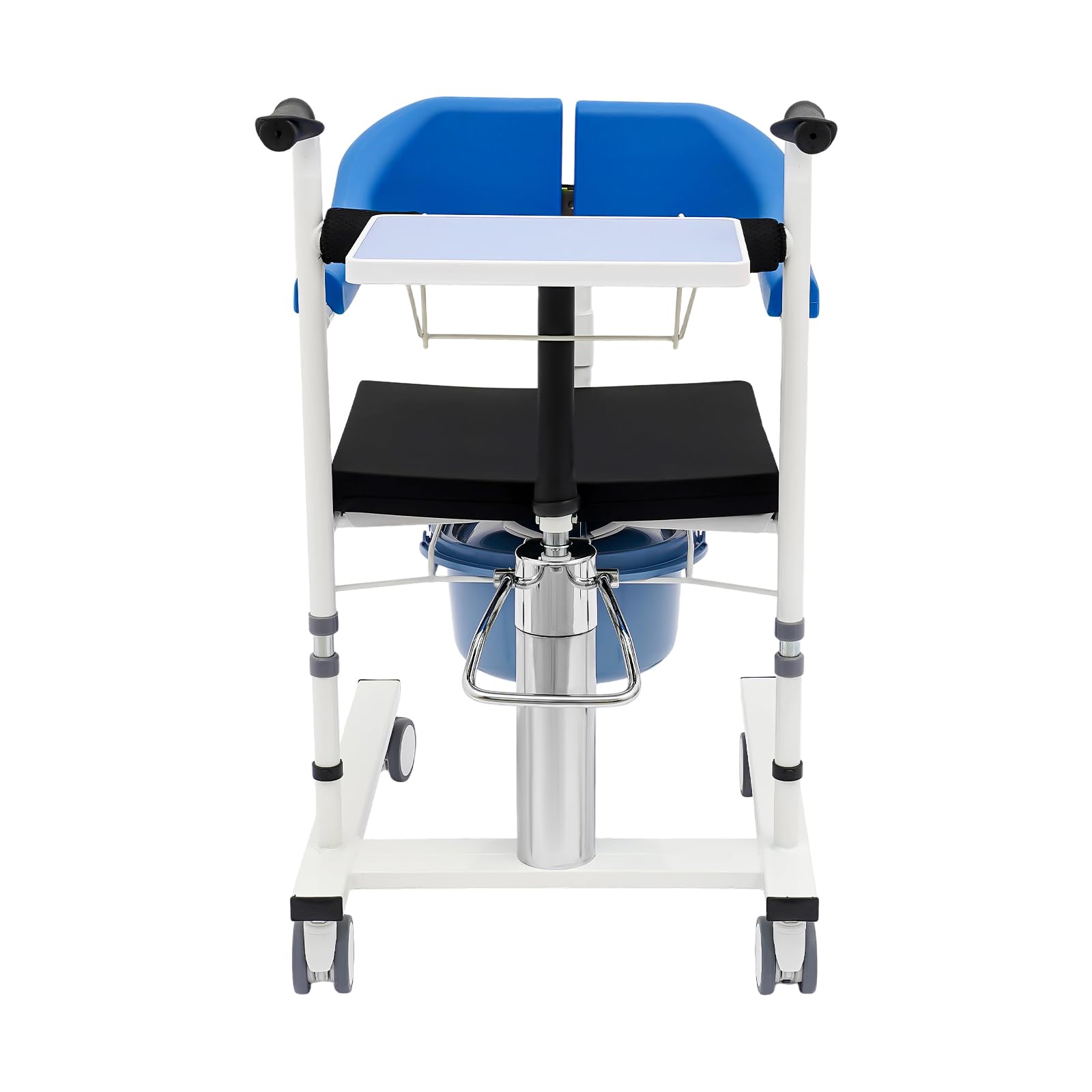 Sollevatore idraulico per pazienti, fino a 100 kg, altezza regolabile da 42 a 60 cm | Quattro ruote in TPE con freni e secchio rimovibile, schienale pieghevole a 180°, per anziani disabili (blu)