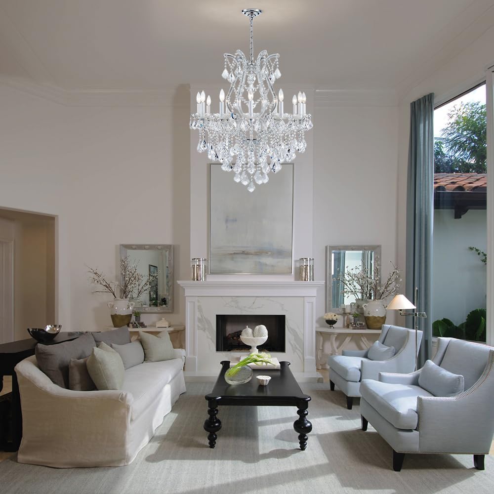 Large Silver Modern Crystal Chandelier Light Fixtures - 12 Lights Maria Theresa Crystal Pendant Light for Staircase Hallway Living Room Entryway Foyer - 28.4 x 28.4 x 35.8 Inch