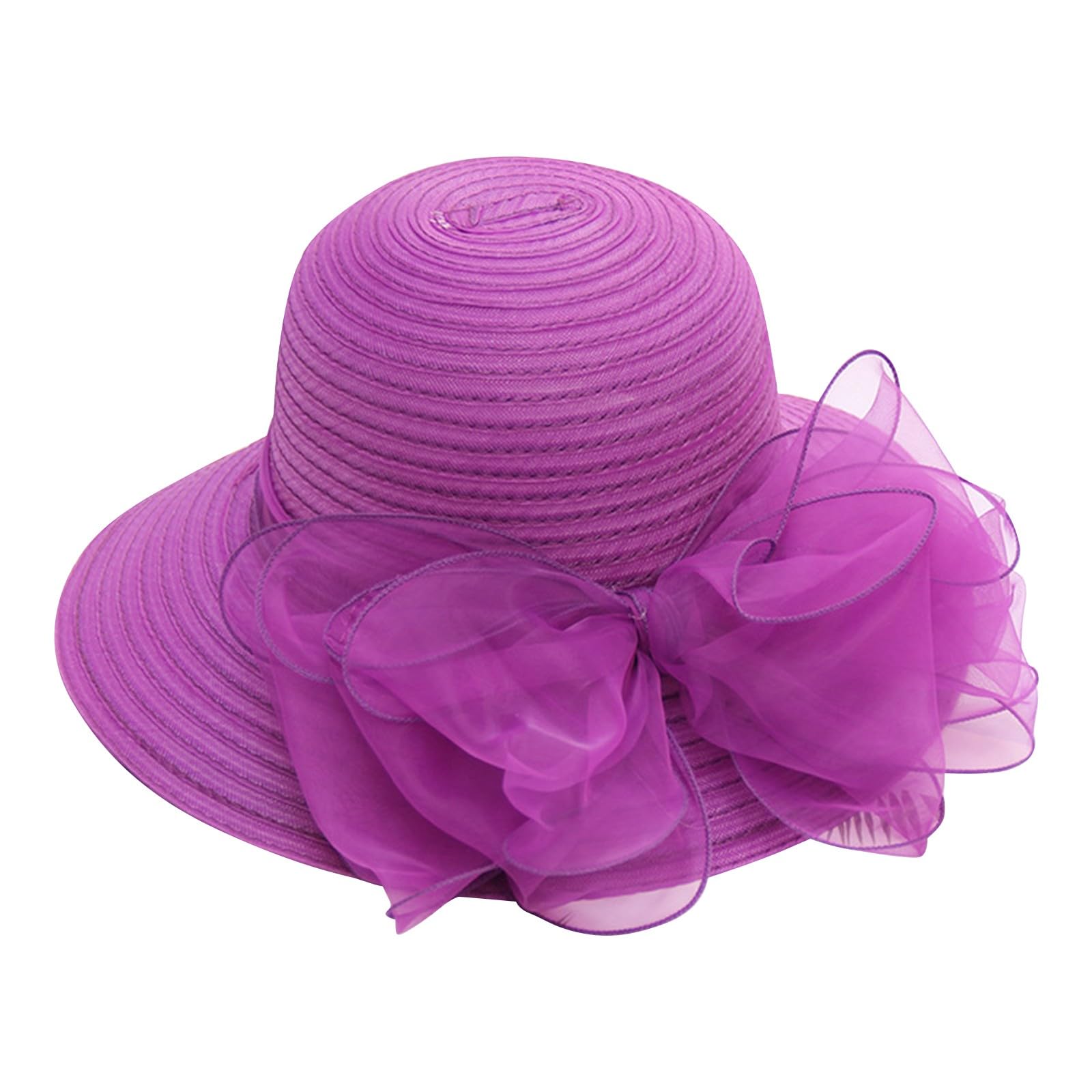 Sombreros de organza para mujer, de ala ancha, de malla, con flores, decorativos, para fiestas, eventos, iglesia, verano, protección UV, playa, cóctel, té, fiesta, color morado