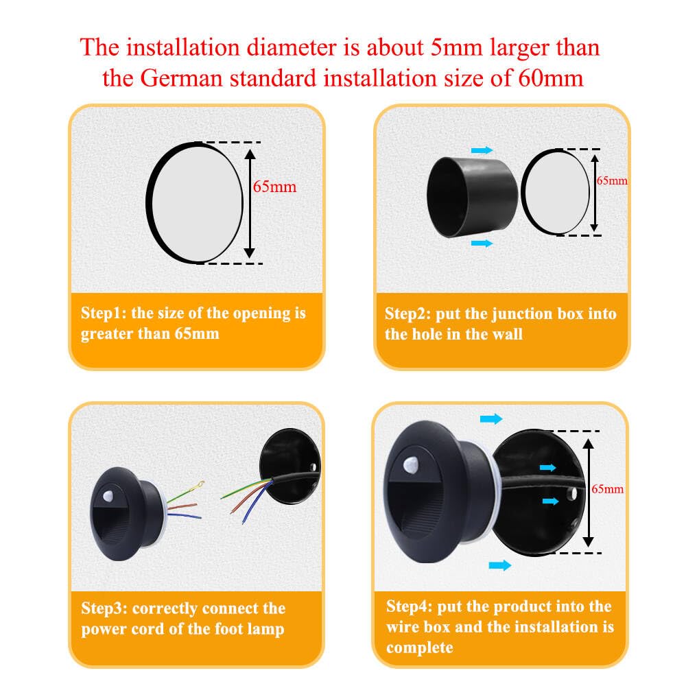 Treppenbeleuchtung mit Bewegungsmelder warmweiß 8pcs, 1.5W rund Wandleuchte IP65 65mm(Nicht die Standardgröße 60mm) Flurlampe aussen Treppenlicht Sensor mit Dose Aluminium, 230V, schwarz