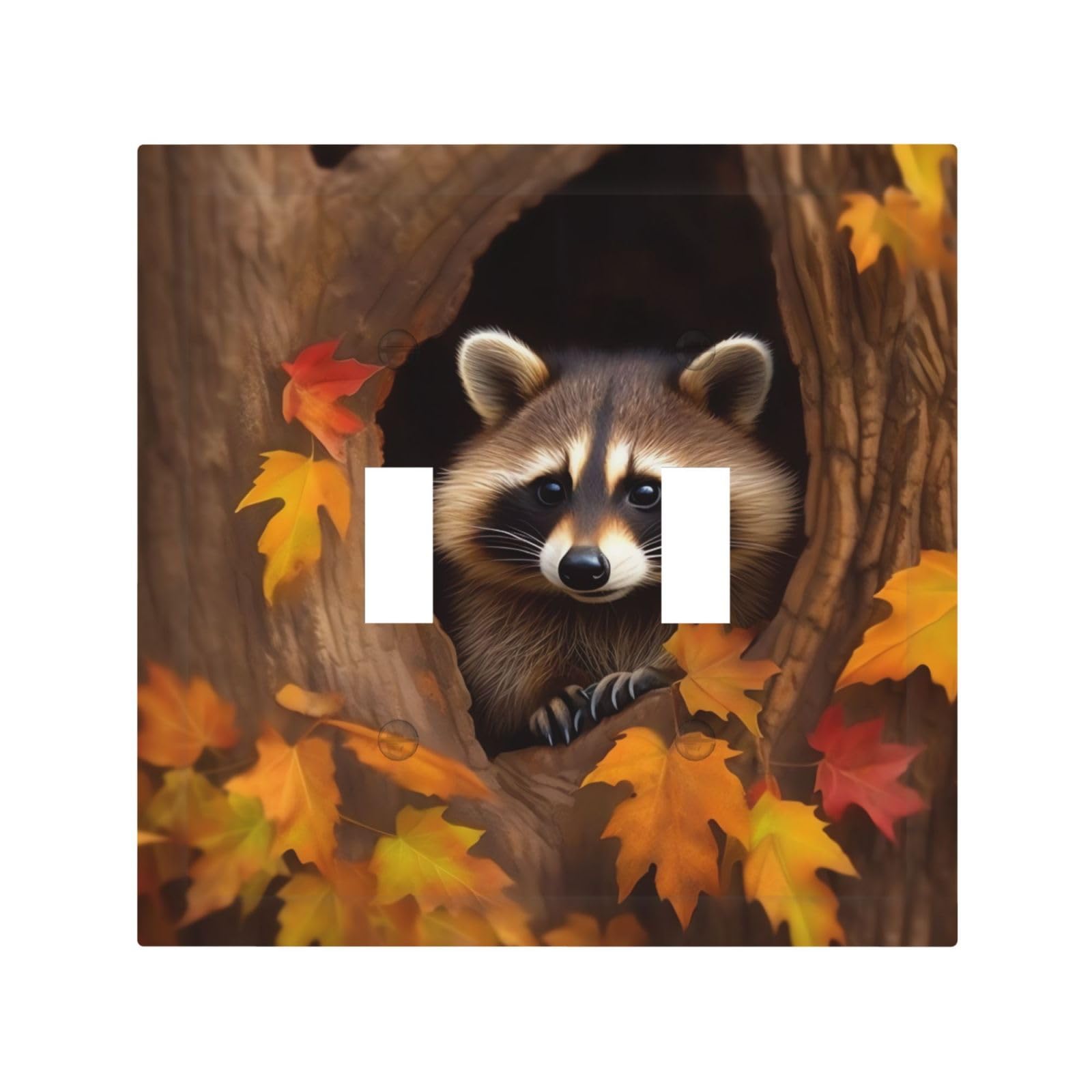 Kloph White Decorator Double Toggle Light Switch Covers Raccoon In The Fall Tree Hole Wall Plate 2-Gang Mid Size 5" X 4.9" Double Toggle Switch Wallplate Decorative 2 Gang Wall Switch Plate Covers
