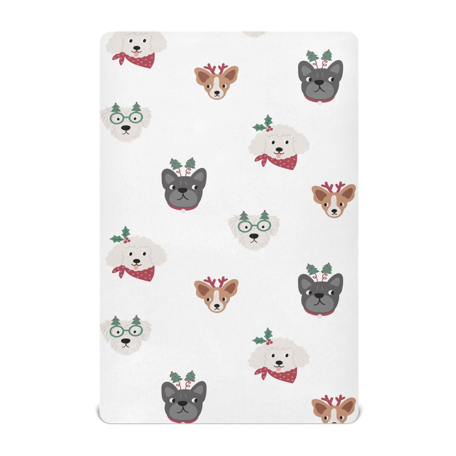 KICPOAY Cute Cartoon Dogs Christmas Fitted Crib Sheets Stretchy Portable Playard Sheets for Baby Toddler, Breathable Soft Mini Crib Mattress 52 x 28 in for Boys and Girls