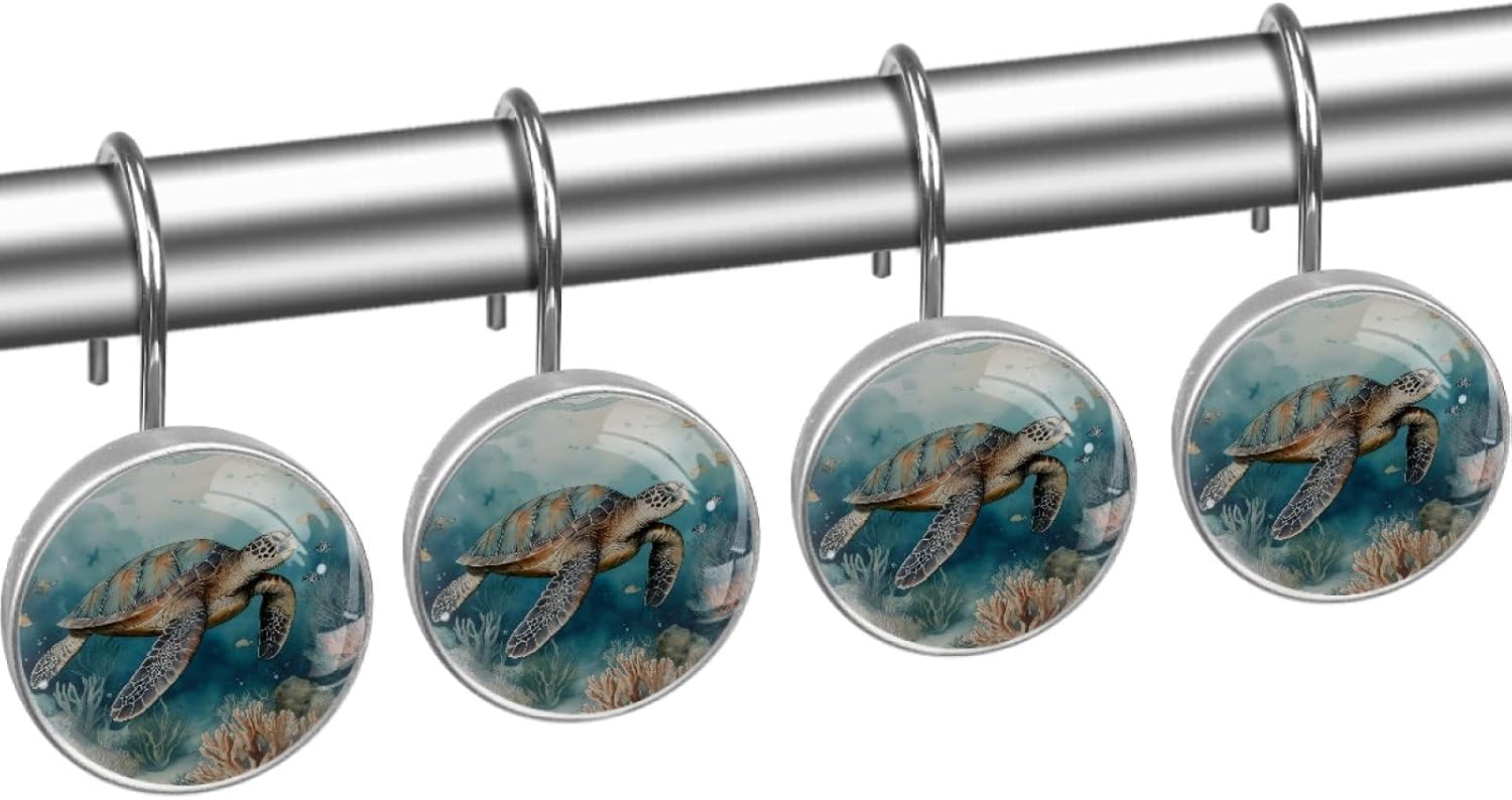 Retro Coral and Ocean Turtle Shower Curtain Hooks Rings, Round 12 Pcs Resin Glass Shower Curtain Hangers for Bathroom, Rust Proof Stainless Steel Shower Hooks for Shower Curtain Rod