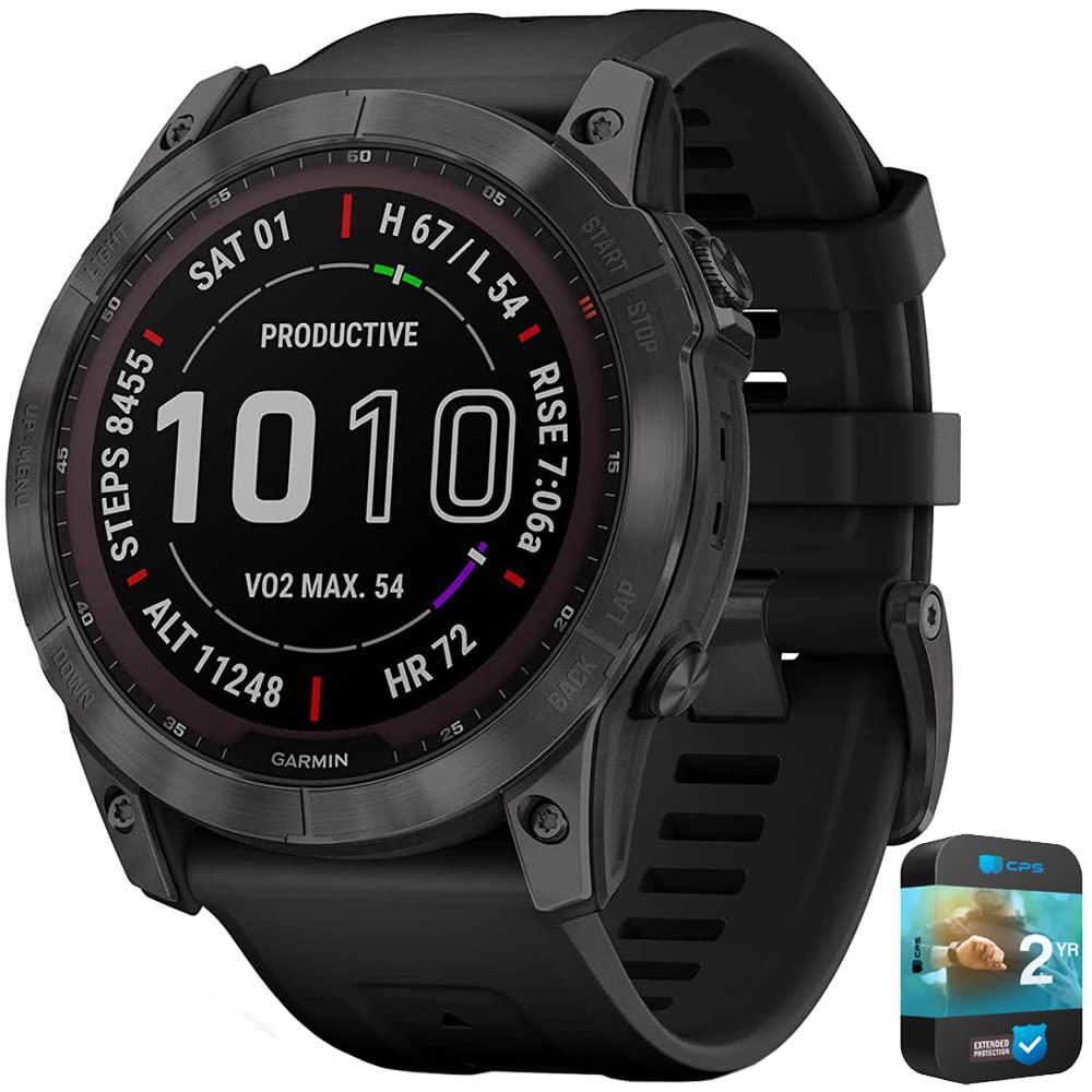 Garmin 010-02541-10 Fenix 7X Sapphire Solar Smartwatch Carbon Gray DLC Titanium with Black Band Bundle with 2 YR