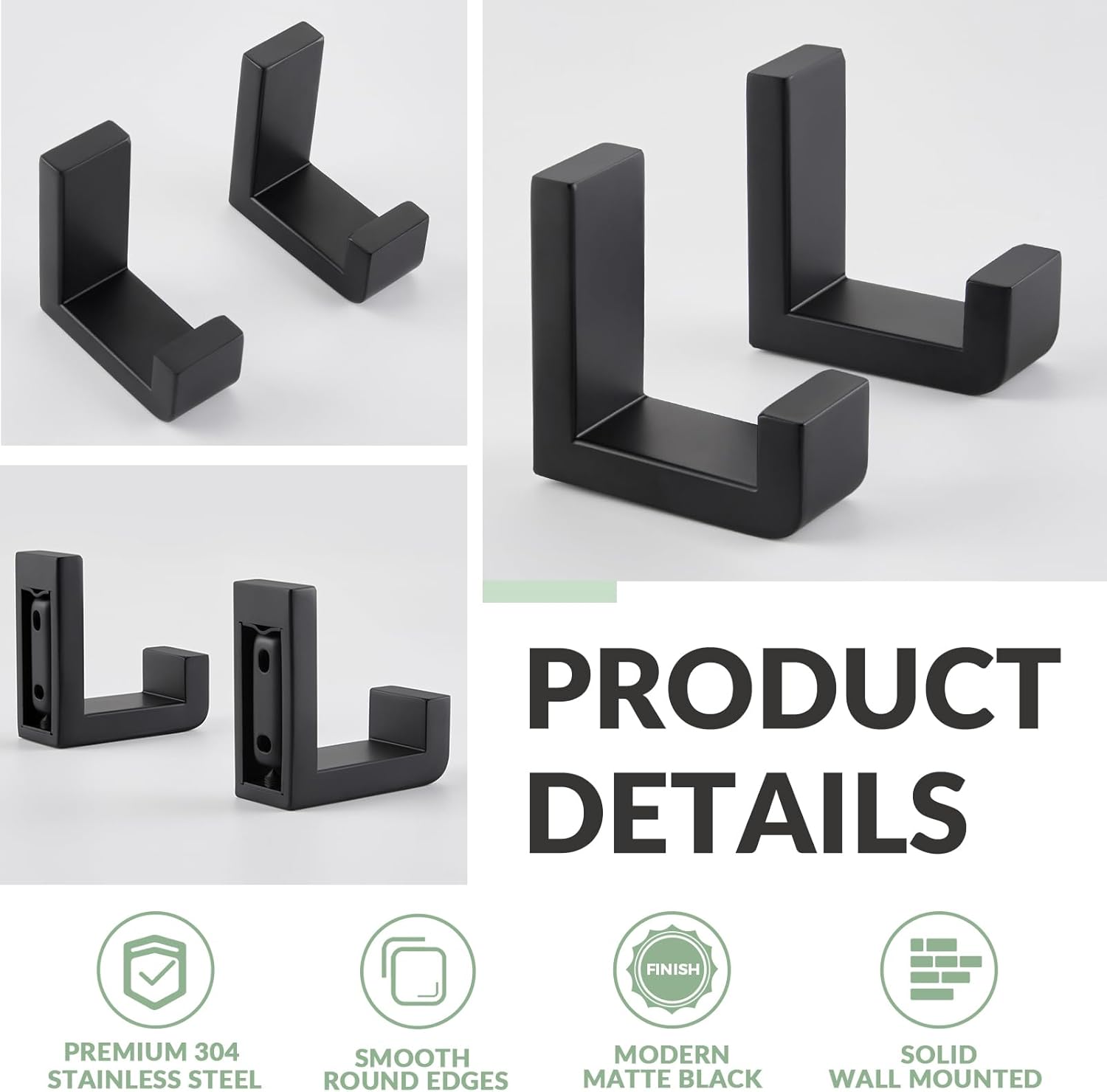 APLusee Matte Black 304 Stainless Steel 2 Pack Robe Towel Hook, Toilet Paper Holder Bundle, Wall Mounted