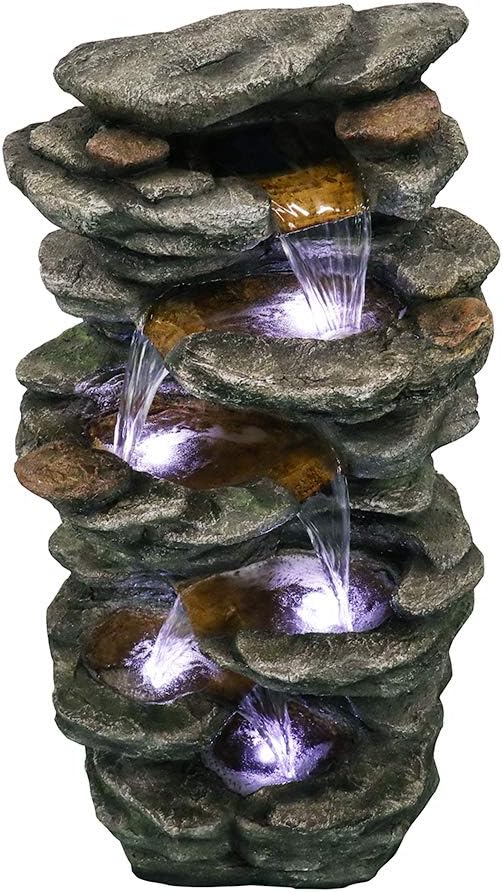 SunJet 6-Tiers Rocks Outdoor Water Fountain - 40” High Cascading Waterfall with LED Lights, Soothing Tranquility for Home Garden, Yard Decor : Patio, Lawn & Garden