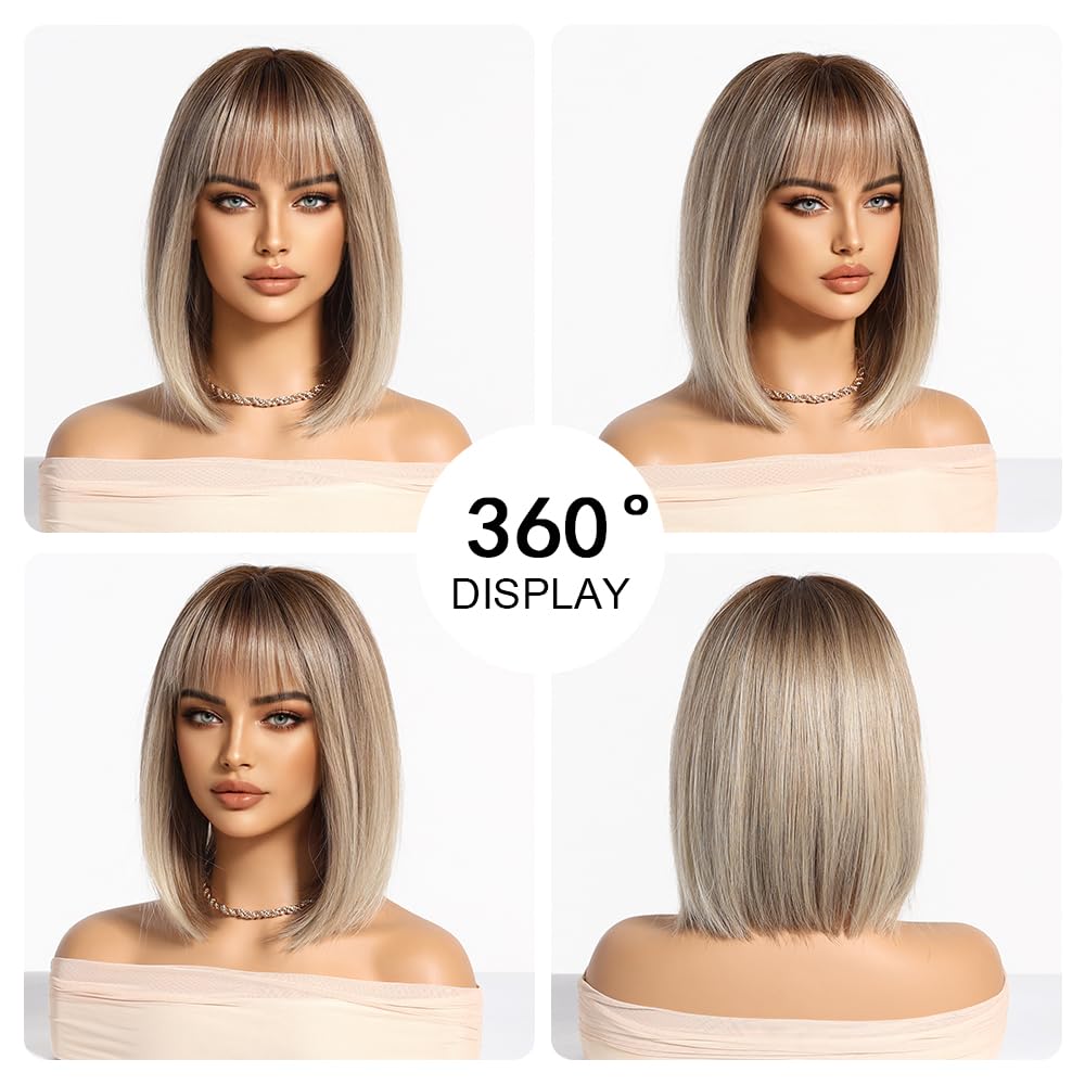Ombre blond peruka damska krótka bob, prosta peruka syntetyczna dla kobiet, 100% japońskie włókna Kanekalon, na co dzień, imprezę, Halloween